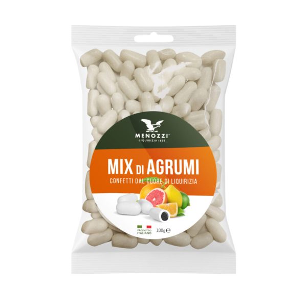 Confetti gusto mix di Agrumi con anima di liquirizia in bustina plastica trasparente