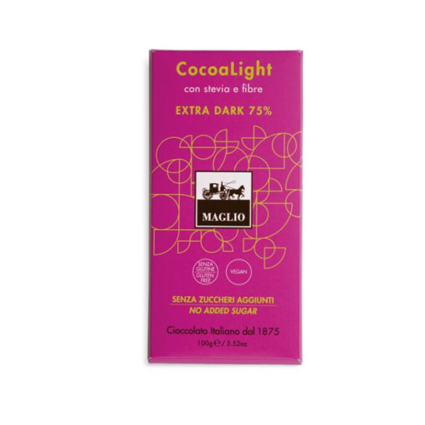 CocoaLight, tavoletta senza zuccheri aggiunti, con stevia e fibre. Fondente con 75% cacao