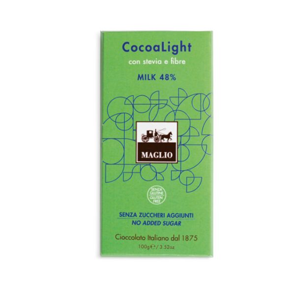 CocoaLight, tavoletta senza zuccheri aggiunti, con stevia e fibre. Milk 48% cacao