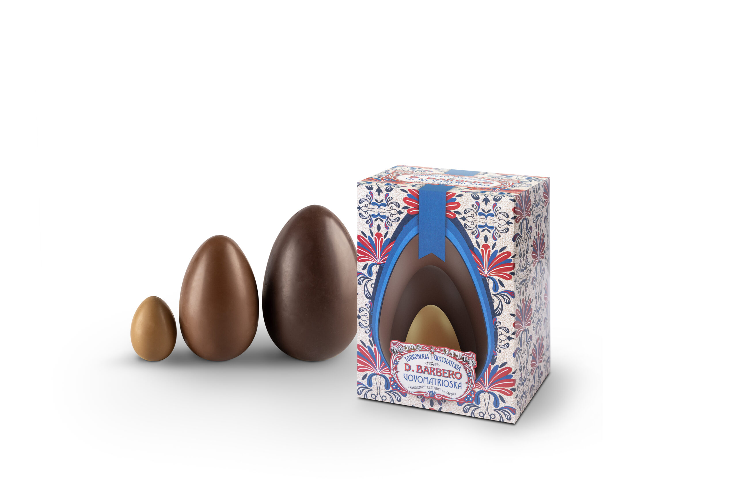 Uovo matrioska 3 uova in uno: uovo di cioccolato fondente che racchiude un uovo di cioccolato al latte che racchiude un ovetto al caramello, cartone da 6 (300 g)